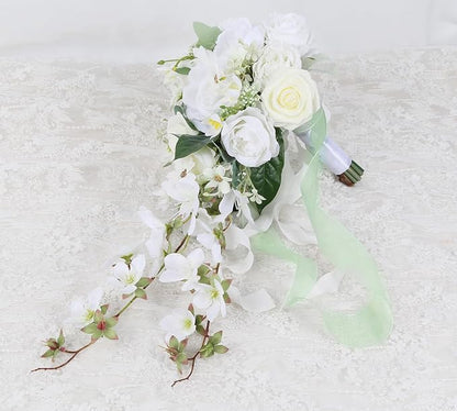 White Wedding Bouquets for Bride,10 Inch Fake Cascading Bridal Bouquet Silk Faux Flowers for Ceremony Anniversary Wedding Bridal Shower(White & Ivory)