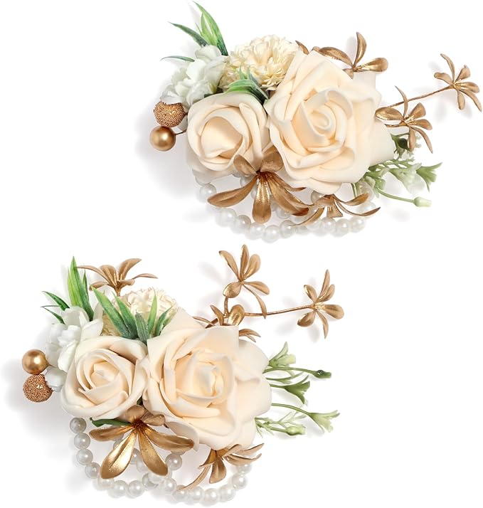 Serwalin 2 Pcs Champagne Wrist Corsage for Wedding, Corsages Wristlet for Bridesmaid Mother Grandmother, Artificial Flowers for Prom Ceremony Anniversary