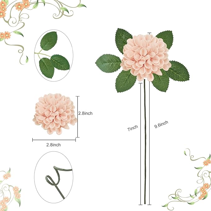 Artificial Flowers, 100pcs Realistic Artificial Rose for DIY Wedding Bouquets Centerpieces Arrangements, Peach Dahlia Flowers with Stem for Bridal Shower Party Home Decorations