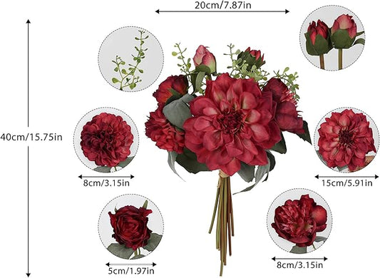 Peonies Artificial Flowers 2 Bouquets Red Dahlia with Peonies 18stems Silk Peonies Flowers with Stems Real Look Fake Dahlia Peonies Flowers Artificial for Decoration for Wedding Bouquet (Red)