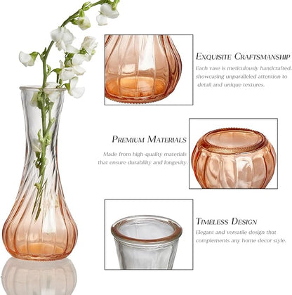 Glass Bud Vase Set of 20 - Small Vases for Flowers in Bulk - Assorted Vintage Crystal Vases for Flowers, Table Centerpieces (Amber, 20 Pcs)