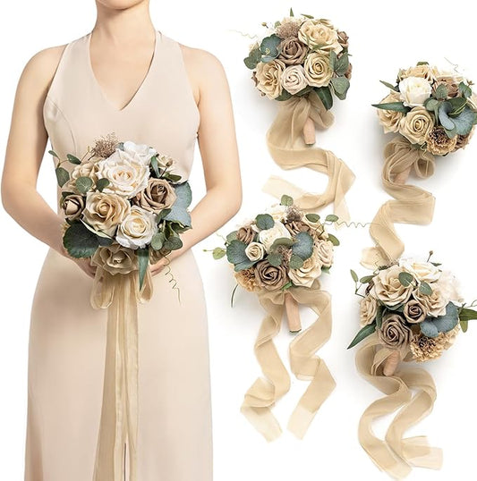 Ling's moment Bridesmaid Bouquet Set of 4, Oatmeal Beige Wedding Bouquets for Bridesmaids, 7 Inch Brown Bridal Bouquets for Bridesmaids, Wedding, Ceremony, Anniversary, etc.