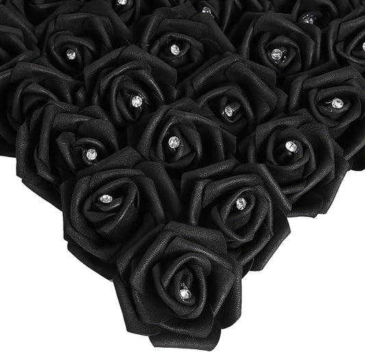 IPOPU 100pcs Black Rose Artificial Flower Heads Bulk with Crystal 3in Real Looking Foam Fake Roses Faux Flowers for DIY Craft Wedding Bouquets Arrangements Party Table Home Decorations(Black)