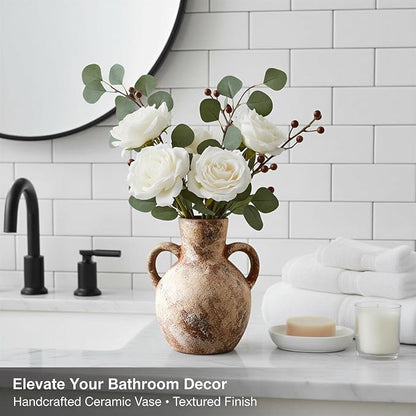 7.1-Inch Terracotta Ceramic Flower Vase with Handles, Rustic Farmhouse Boho Pottery Decor for Table, Living Room & Shelf