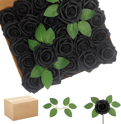 200PCS Black Artificial Flowers Roses Real Looking Foam Fake Roses with Leaves for DIY Wedding Bouquets Bridal Shower Party Decorations (Black, 200)