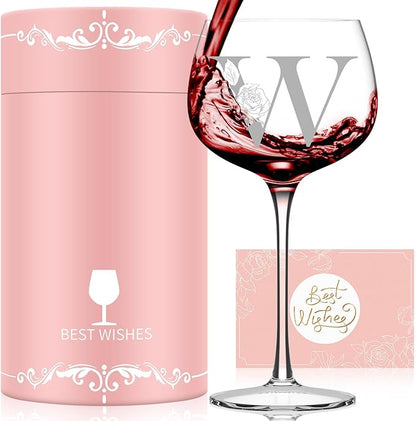 Personalized Gifts for Women, Monogrammed A-Z Wine Glass Customized Gift, Unique Christmas Birthday Gifts for Women Her Mom Friend Sister Wife Daughter Nurse (W)