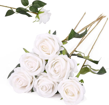 6 PCS White Roses Artificial Flowers, Fake White Roses Bouquet,White Artificial Silk Roses with Stems for Wedding Flowers Decoration, Valentines Day Mothers Day, Bridal Bouquet Roses