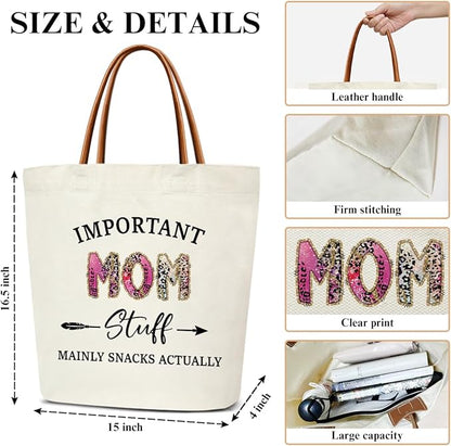 Canvas Tote Bag for Women, Important Stuff Bag with Leather Handle, Reusable Grocery Bags for Shopping Beach Travel