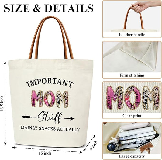 Canvas Tote Bag for Women, Important Stuff Bag with Leather Handle, Reusable Grocery Bags for Shopping Beach Travel