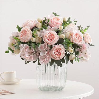 4 Bunches Artificial Flowers Pink Peonies for Decoration Silk Flowers Fake Roses Arrangements Plastic Table Centerpiece Faux Flores for Home Vase Living Room Decor