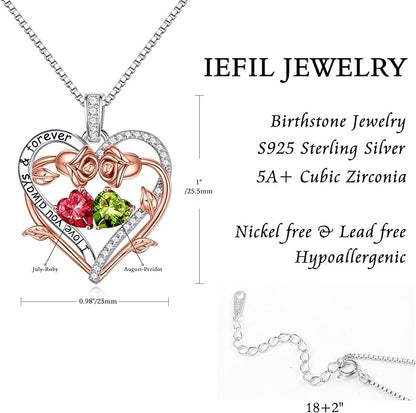 Iefil Rose Heart Double Birthstone Necklace Gifts for Wife Her Mom Women, Birthstone Jewelry Gemstone Birthday Gifts for Girlfriend Grandma Her Wife Women
