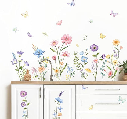 Flower Wall Decals Watercolor Wildflower Grass Butterflies Wall Stickers Peel and Stick Wall Art Decor for Girls Bedroom Living Room Home Office Wall Decor