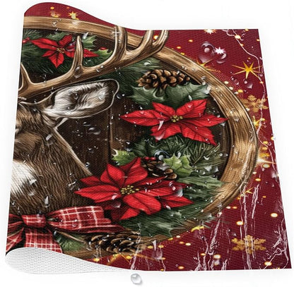 Xmas Christmas Reindeer Poinsettia Red Placemats Set of 4 PVC Vinyl Non Slip Table Mats Heat Resistant Place Mats Washable Wipeable Dining Table Mat for Kitchen Party Indoor Outdoor Decorative Gift