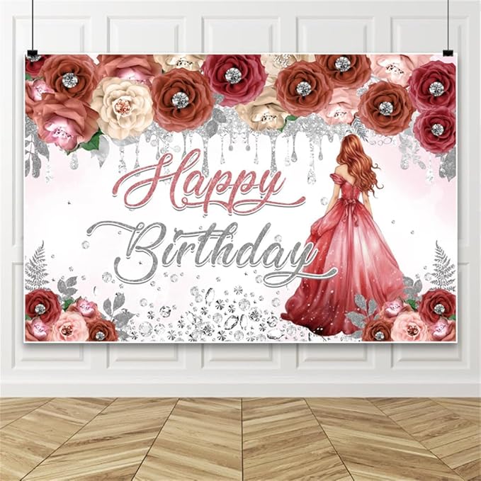 AOFOTO Happy Birthday Backdrop Red Beige Pink Rose Floral Diamond Print Photography Background for Women Girls Birthday Party Banner Home Wall Decor Photo Studio Booth Props 7x5ft