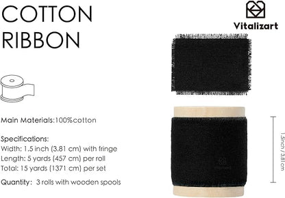 Vitalizart Black Ribbon 1-1/2" x 15 Yd 100% Cotton Handmade Frayed Fringe Fabric Ribbons for Gift Wrapping Wedding Invites Bridal Shower Bouquets Christmas Decorations