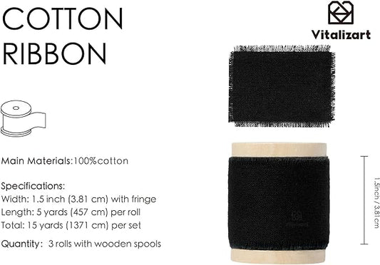 Vitalizart Black Ribbon 1-1/2" x 15 Yd 100% Cotton Handmade Frayed Fringe Fabric Ribbons for Gift Wrapping Wedding Invites Bridal Shower Bouquets Christmas Decorations