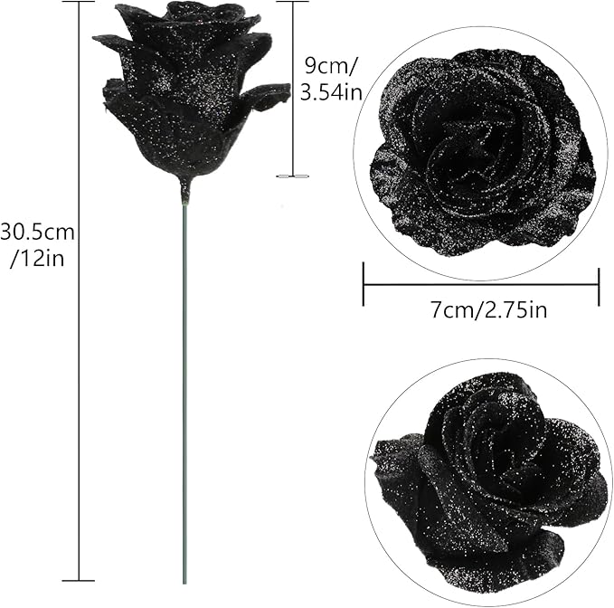 Black Glitter Roses,30PCS Fake Roses Flowers Artificial Roses with Stems for DIY Crafts Wedding Bouquet Party Home Decor(Black)
