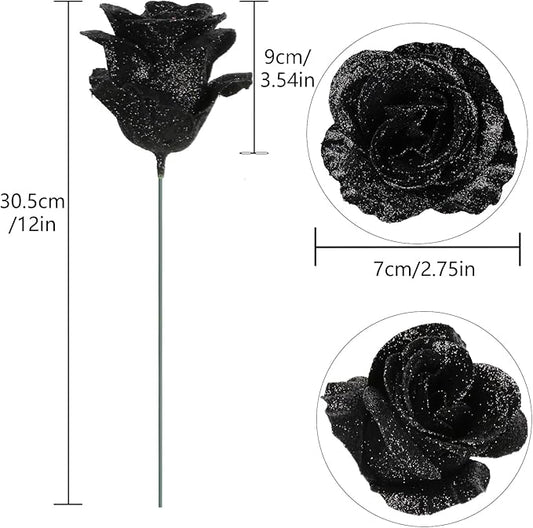 Black Glitter Roses,30PCS Fake Roses Flowers Artificial Roses with Stems for DIY Crafts Wedding Bouquet Party Home Decor(Black)