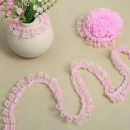 10 Yards Pleated Organza Pink Lace Edge Gathered Mesh Trim Ribbon 0.9 Inches Vintage Edging Trimmings Fabric Laces Trim Sewing Crafts Lace for Gift Wrapping Dress Decoration Wedding Bouquet