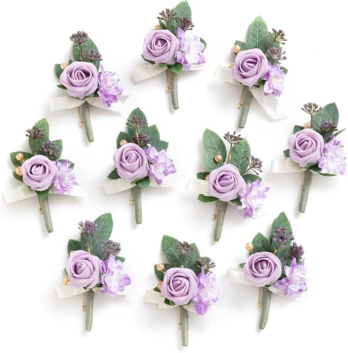 Ling's Moment Boutonniere for Men, 10pcs Groomsmen Guest Boutonniere, Artificial Flowers for Wedding Décor/Prom/Homecoming,etc.Purple Lilac