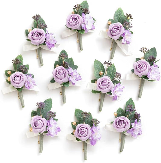 Ling's Moment Boutonniere for Men, 10pcs Groomsmen Guest Boutonniere, Artificial Flowers for Wedding Décor/Prom/Homecoming,etc.Purple Lilac