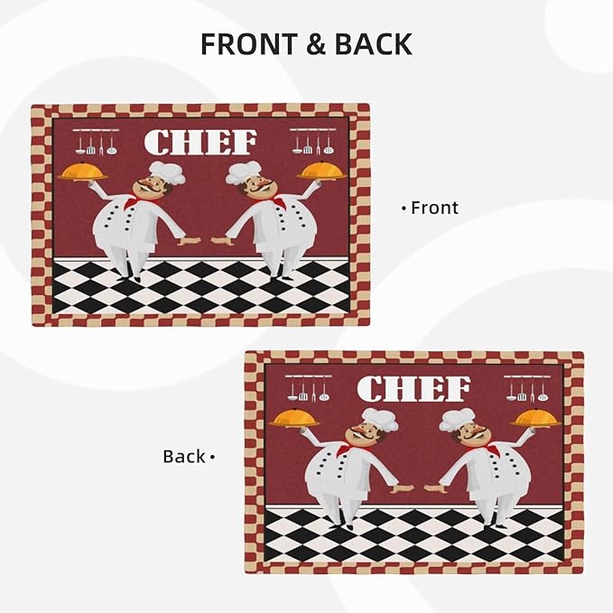 Chef Kitchen Linen Placemats Set of 4 Funny Fat Chef Red Plaid Placemats for Indoor Outdoor Party Home Desktop Dining Room Decor 12x18 Inch