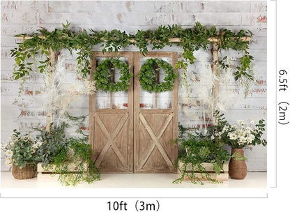Kate Rustic White Painted Brick Wall Wood Door Photography Backdrops 10x6.5ft Spring Green Grass and Flowers Photo Backgrounds Baby Shower Backdrop Photoshoot Props