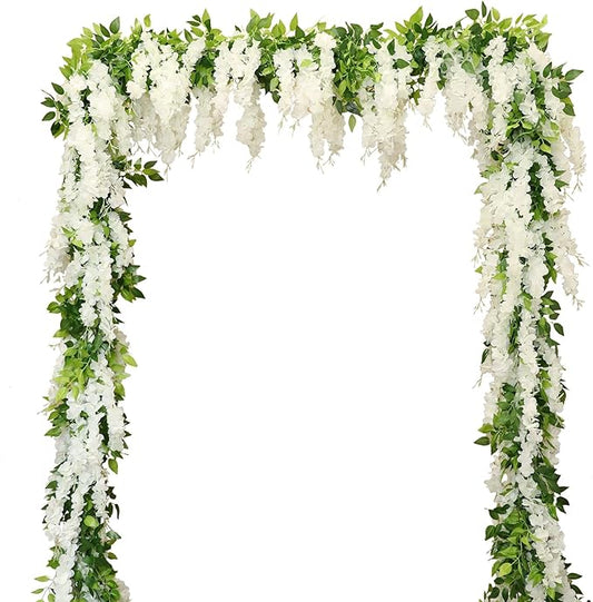 Wisteria Artificial Flowers Garland, 8Pcs Total 57.6ft Silk Faux Wisteria Vine Kit, Hanging Flower Plant for House Outdoor Garden Ceremony Outside Wedding Arch Floral Decor (8, White)