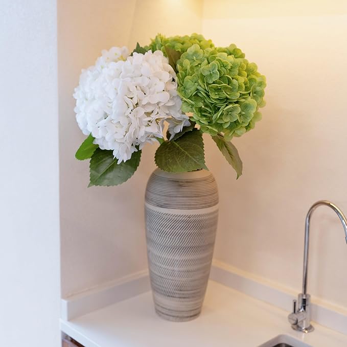 WILD WORKS Hydrangea Artificial Flower Natural Lifelike Real 21 inch Latex Long Stem 2 White+2 Dark Green Hydrangea Flower Bouquets for Christmas Decor Home Party Outdoor Wedding Decoration