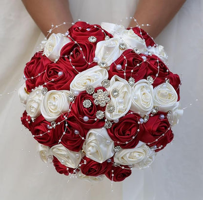 Bridal Wedding Bouquet Round Bling Brooch Bouquet Throw Toss Artificial Rose Flower Bunch for Bride Bridesmaid Wedding Quinceanera(Ruby Red & Ivory, 8.7")