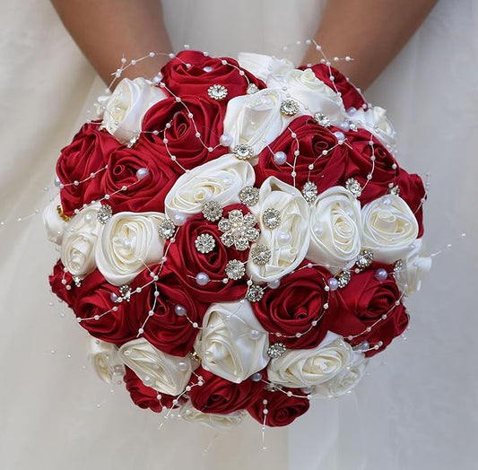 Bridal Wedding Bouquet Round Bling Brooch Bouquet Throw Toss Artificial Rose Flower Bunch for Bride Bridesmaid Wedding Quinceanera(Ruby Red & Ivory, 7.5")