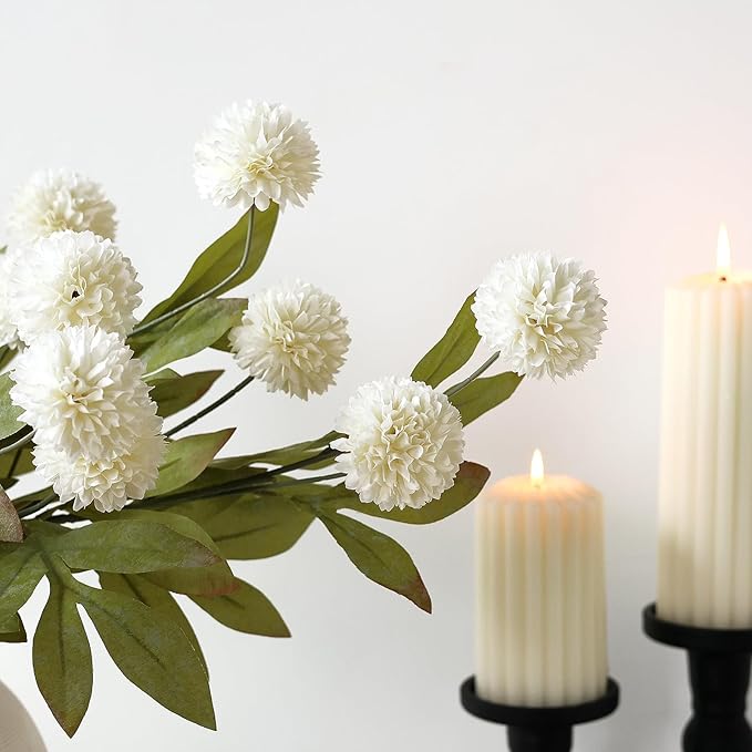12 Pcs Faux Silk Pompon Mum Artificial Flowers for Vase -27", Bulk Fake Chrysanth Branches with Stems for DIY Bouquet Centerpieces Wedding Fillers Arrangements Shower Decorations (Cream)