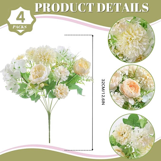 ASTRYAS 4Pcs White Peonies Artificial Flowers Fake Silk Peonies Faux Peony Mixed Chrysanthemum Flower Arrangements for DIY Wedding Table Centerpieces Party Baby Shower Home Decorations