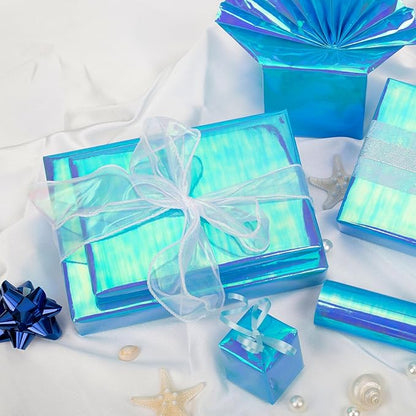 Yarcony Metallic Iridescent Wrapping Paper - 17Inch x 33Feet - Blue Iridescence Holographic Pattern Boy Fairy Gift Wrap Present Paper for Birthday Wedding Bridal Shower Valentine's Day Mother's Day