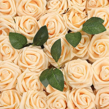 Artificial Flowers Roses 50pcs Champagne Roses Wedding Bouquets Real Looking Foam Fake Roses with Stems for DIY Bridal Shower Centerpieces Arrangements Party Tables Decorations