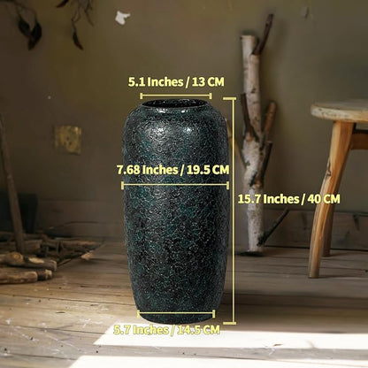 Rustic Ceramic Tall Vase,15.7 Inch Large Pottery Farmhouse Decor Floor Vase for Living Room Entryway Table Centerpiece Decor,Vintage Terracotta Vases,Wedding Gift,Green