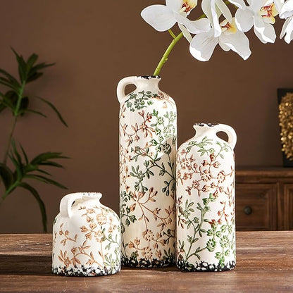 Ceramic Vase Set of 3, Vintage Green and Beige Vase, Chinoiserie Floral Vases, Rustic Farmhouse Ceramic Vases for Home Decor, Living Room, Kitchen Island, Bookshelf, Grand Millennial Decor