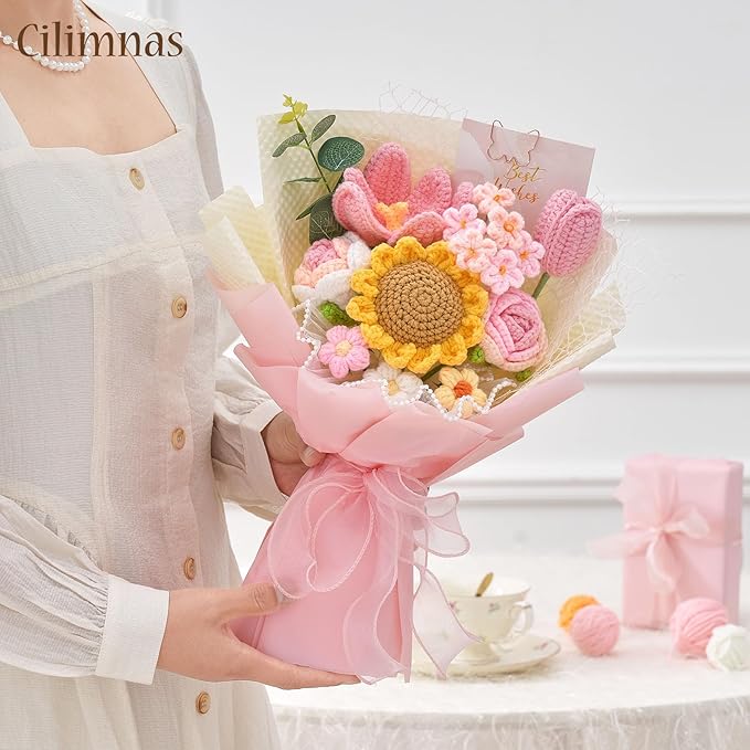 Cilimnas Crochet Flower Bouquet,Pink Knitted Flowers, Handmade Sunflowers Tulips Roses Bouquet for Birthday Anniversary Party Mother's Day Graduation Gifts