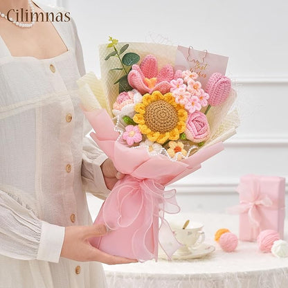 Cilimnas Crochet Flower Bouquet,Pink Knitted Flowers, Handmade Sunflowers Tulips Roses Bouquet for Birthday Anniversary Party Mother's Day Graduation Gifts