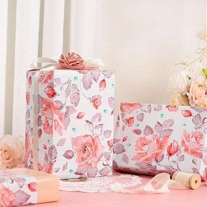 MAYPLUSS Flower Gift Wrapping Paper Roll - 17Inch x 33Feet - Luxury Elegant Floral with Gold Pattern Girl Gift Wrap Present Sheet for Wedding, Bridal Shower, Birthday, Engagement and Mother's Day