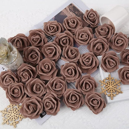 Artificial Rose Flower Heads, 100pcsDark Brown Roses Artificial Flower Foam Rose for DIY Wedding Bouquets Centerpieces Arrangements Party Baby Shower Home Decor (Stemless,Dark Brown)