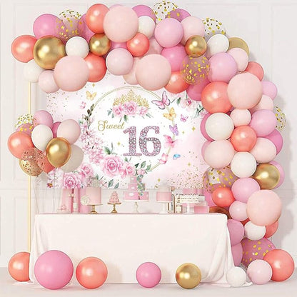 Mocsicka 7x5ft Sweet 16 Backdrop Sweet 16 Banner Decorations for Girls Birthday Party Pink Floral Gold Dots Sweet 16 Background Sweet Sixteen Decorations Photo Booth Props
