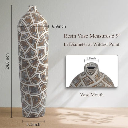 Modern Large Floor Vase,Brown Carved Texture Resin Vase for Home Decor,24.6'' Tall Flower Vases for Entryway Living Room