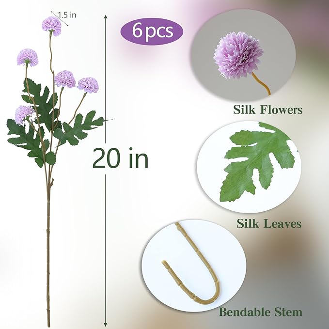 mizii 6Pcs Purple Fake Silk Pompon Mum Artificial Flowers Bulk Small Faux Chrysanthemums with Stems Realistic Floral Decorations for Wedding DIY Bouquet Centerpieces Shower Vase Home Decor (Purple)