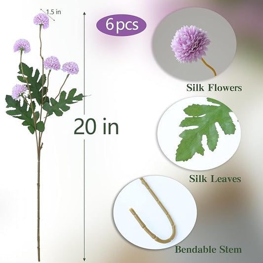 mizii 6Pcs Purple Fake Silk Pompon Mum Artificial Flowers Bulk Small Faux Chrysanthemums with Stems Realistic Floral Decorations for Wedding DIY Bouquet Centerpieces Shower Vase Home Decor (Purple)
