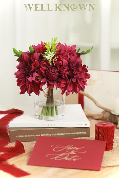 WELL KNOWN Dahlia Artificial Flowers in Vase, Silk Faux Flower Arrangements in Vase with Faux Water for Dining Table Centerpieces, Home Decor, Thanksgiving Christmas Greeting Gift (Fuchsia Red)