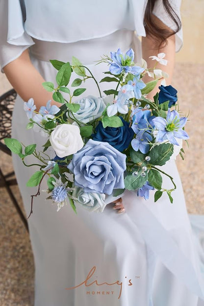Ling's moment Artificial Flowers Dusty Blue Bridesmaid Bouquet Set of 4, Blue & Ivory Wedding Flowers Bouquets for Bridesmaids, 7 Inch Bridal Bouquets for Bridesmaids, Wedding, etc
