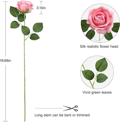 Hawesome Fake Roses Artificial Silk Flowers - 12 Pcs Pink Roses Artificial Faux Flowers with Stems for Home Wedding Centerpiece Hotel Office Decor