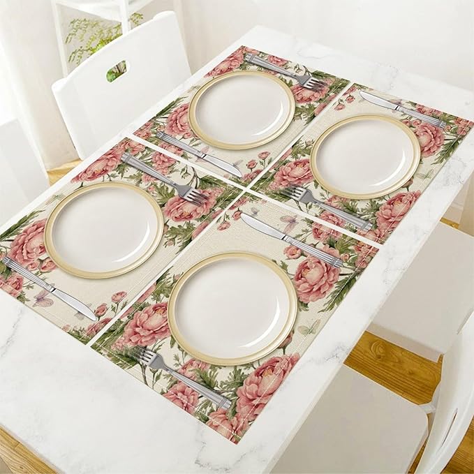 Pink Flowers Placemats Set of 6, 17x12 Inch Rustic Farmhouse Romantic Spring Floral Blossom Butterfly Table Mats for Home Party Kitchen Dining Decor