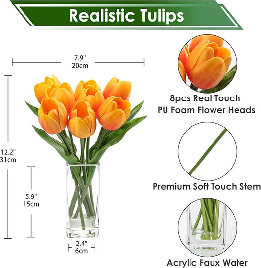 Briful Fake Flowers Artificial Tulip Flower Orange in Clear Vase, Real Touch Foam Tulip Arrangement Suitable for Home Office Decoration, Dining Table Centerpiece